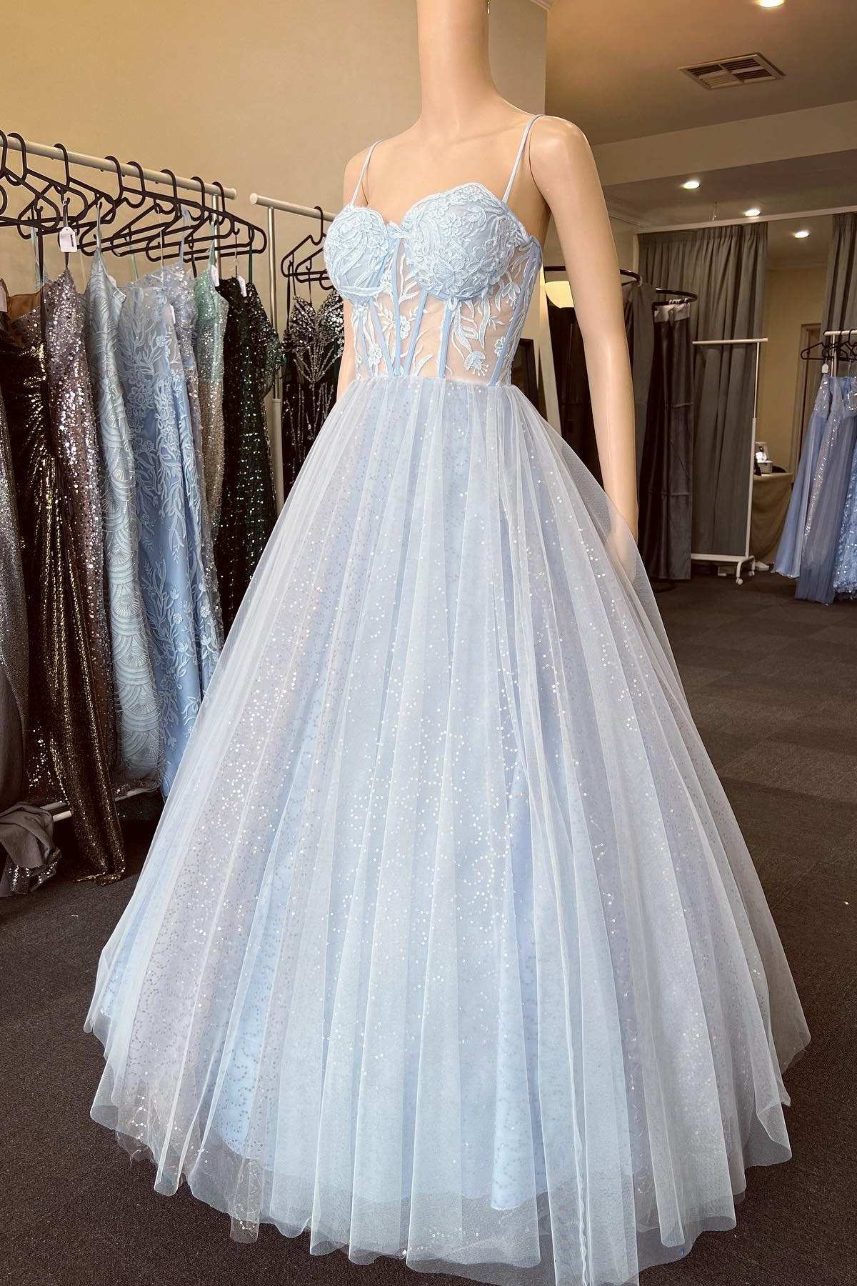  Light Blue Floral Lace Sweetheart A-Line Prom Dress - Prom Dress - DYAVOR® 