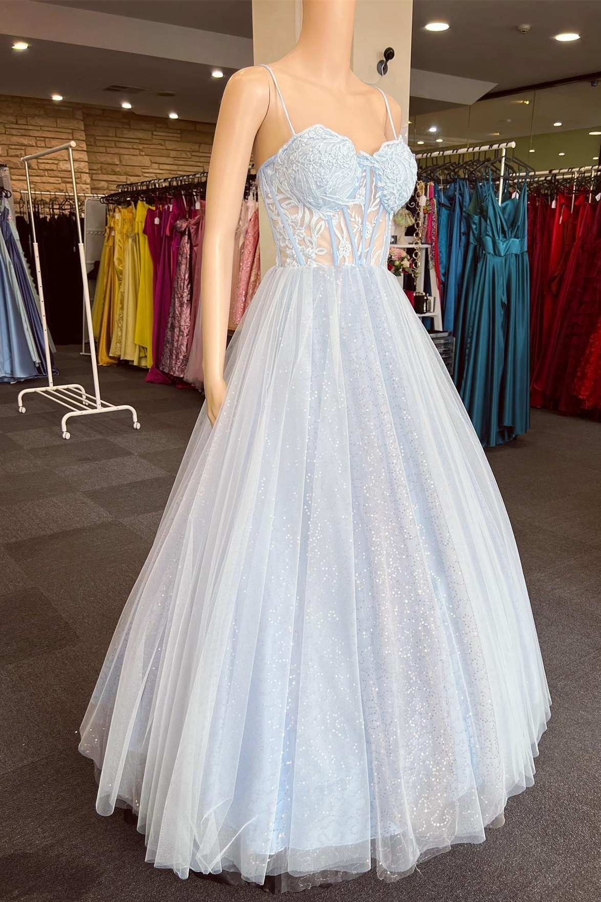  Light Blue Floral Lace Sweetheart A-Line Prom Dress - Prom Dress - DYAVOR® 