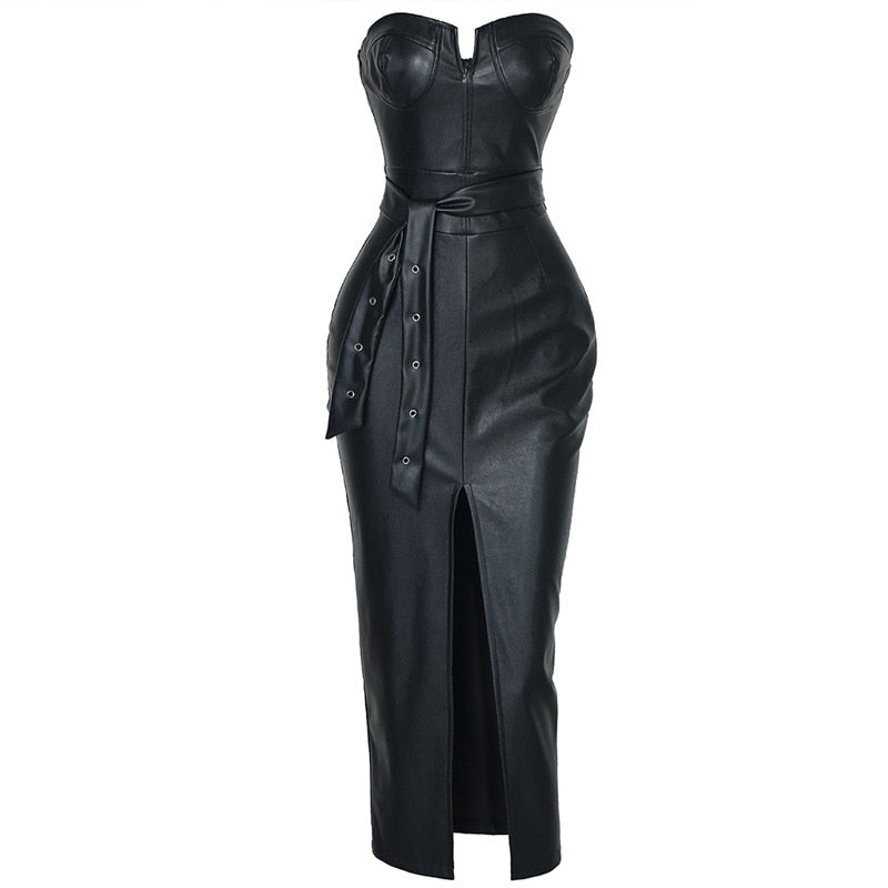  Tube Slit Coated PU Dress - Dresses - DYAVOR® 