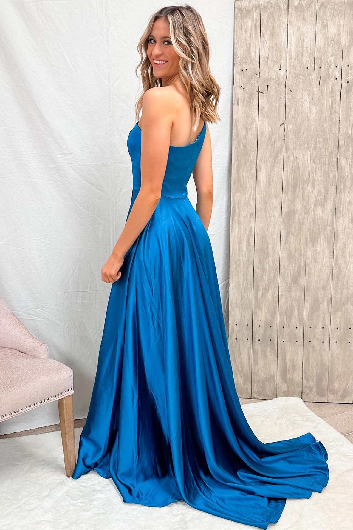  Blue One-Shoulder Wrap A-Line Prom Dress - Prom Dress - DYAVOR® 