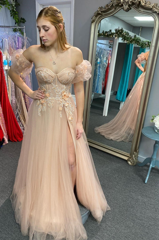  Tulle 3D Floral Lace Sweetheart A-Line Prom Dress with Slit - Prom Dress - DYAVOR® 