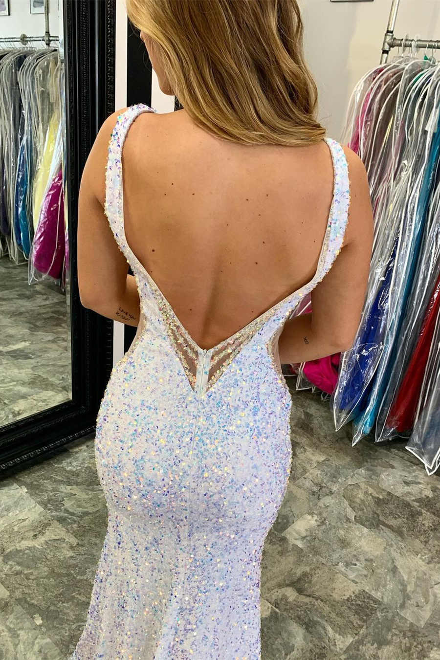  Glitter V-Neck Backless Sequins Long Mermaid Prom Dress - Prom Dresses - DYAVOR® 