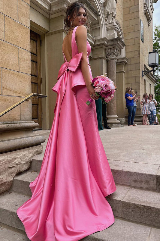  Esther | Cute Mermaid V Neck Pink Satin Long Prom Dresses with Big Bow - Prom Dress - DYAVOR® 