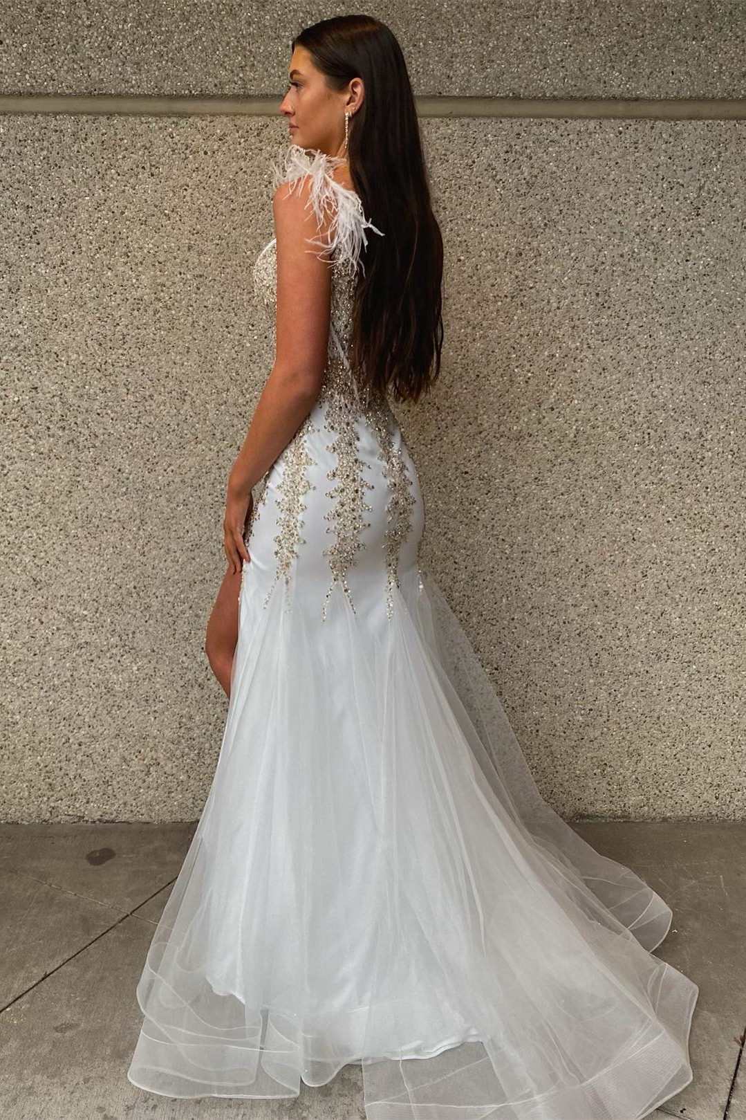  White Beaded Feather V-Neck Mermaid Long Formal Dress with Slit - Prom Dress - DYAVOR® 