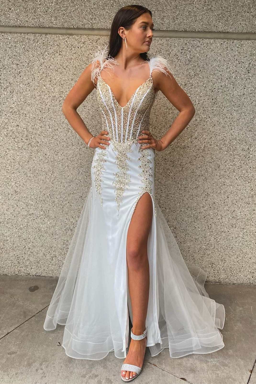  White Beaded Feather V-Neck Mermaid Long Formal Dress with Slit - Prom Dress - DYAVOR® 