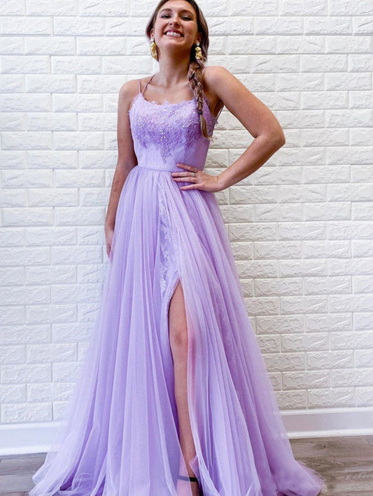  A Line Purple Backless Tulle Long Prom Dress - Prom Dress - DYAVOR® 
