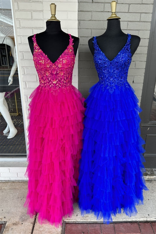  Avah | Fuchsia Layers Floral Tulle A-line Long Prom Dress - Prom Dress - DYAVOR® 