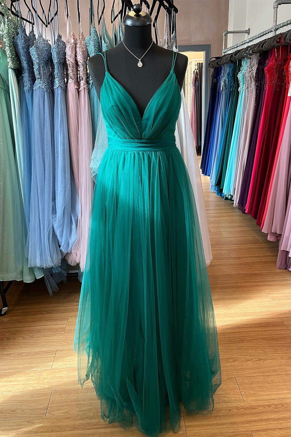  Ada | Hunter Green A-line Plunging V Neck Double Straps Pleated Long Prom Dress - Prom Dress - DYAVOR® 