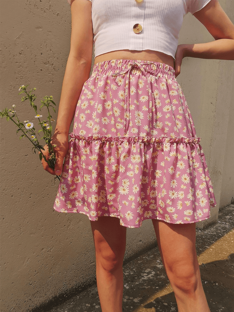  Small Daisies Print High Waist Ruffle Pleated Holiday A-Line Skirts - Skirts - DYAVOR® 