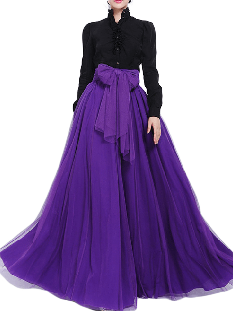 Solid Color Mesh Tulle Pleated Maxi Skirt