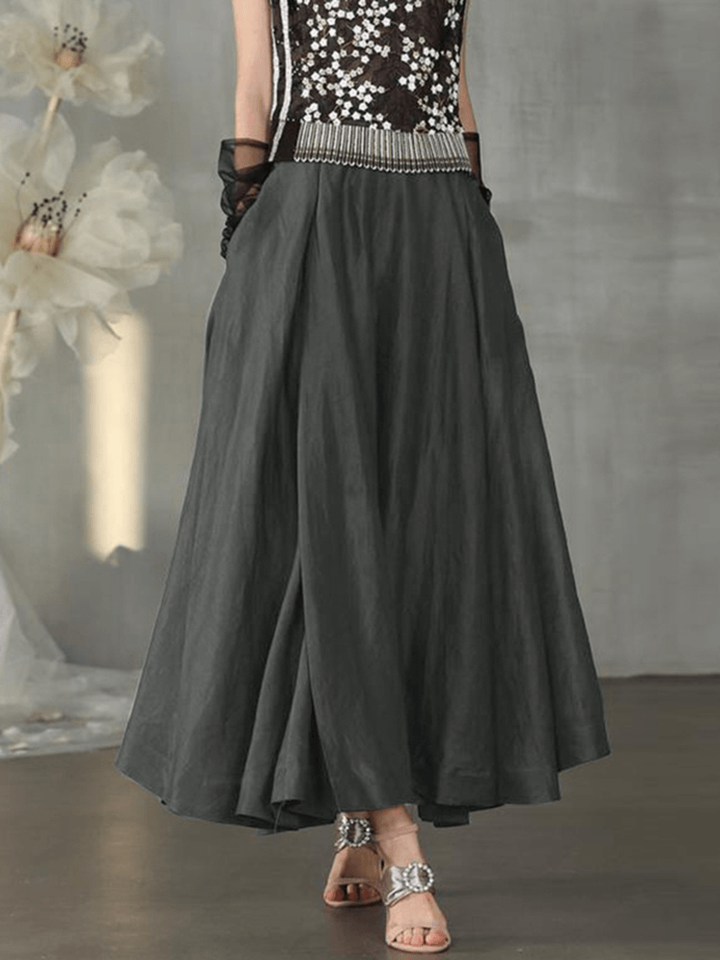  Vintage Solid High Elastic Waist Side Pocket Big Swing Pleated Skirts - Skirts - DYAVOR® 