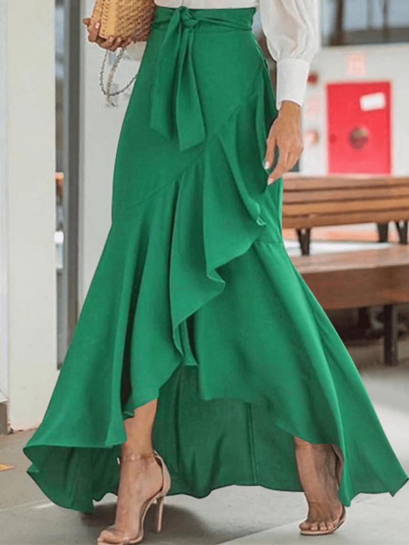  Women's Solid Color High Waist Ruffle High Low Hem Swing Maxi Skirts for Fashionable Style - Skirts - DYAVOR® 
