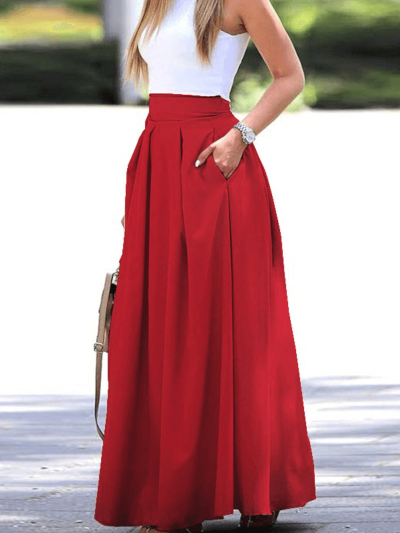  Women Solid Color High Waist Big Swing Zipper Casual Loose Long Skirt with Pocket - Skirts - DYAVOR® 