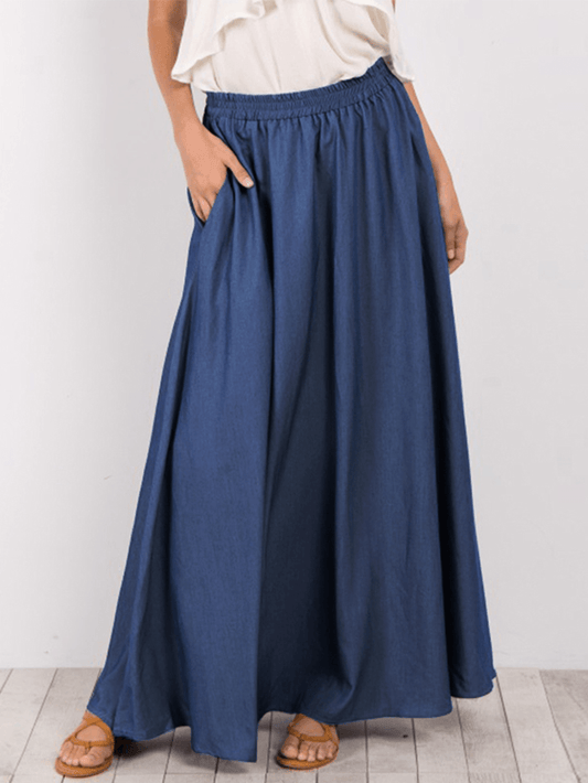  Women Pure Color Elastic Waist Simple Swing Skirts with Pocket - Skirts - DYAVOR® 