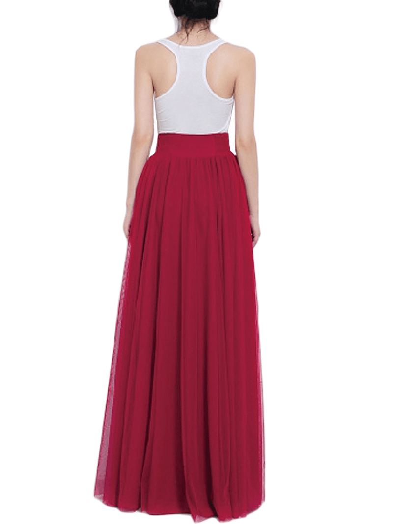 Solid Color Mesh Tulle Pleated Maxi Skirt