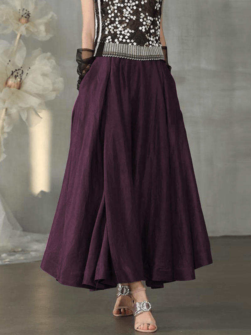  Vintage Solid High Elastic Waist Side Pocket Big Swing Pleated Skirts - Skirts - DYAVOR® 