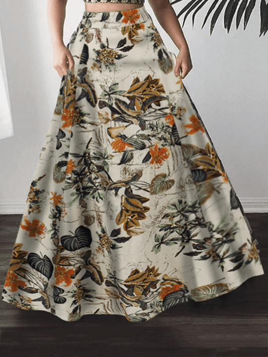 Women 100% Cotton Plant Floral Print High Waist Bohemia Maxi Skirts