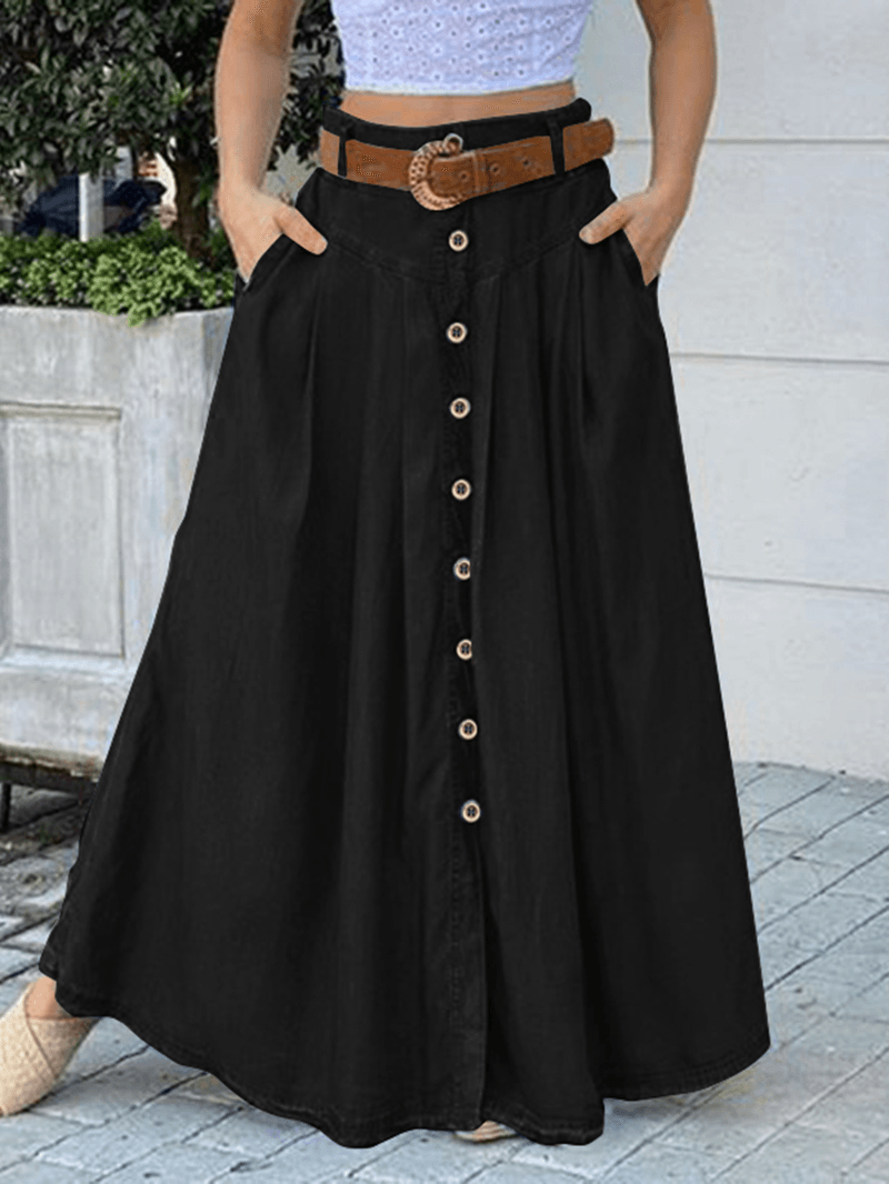 Women's Solid Color Casual Long Skirt with Pocket: Loose Fit and Comfortable Bottom Front