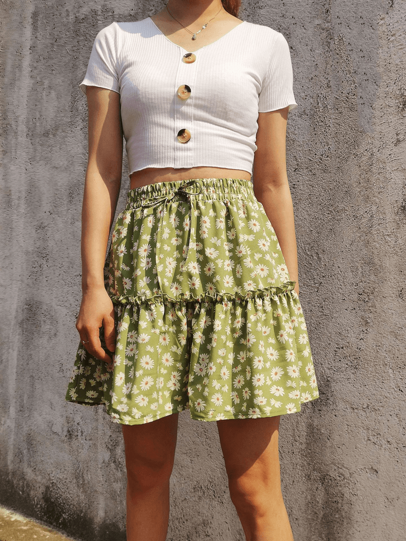 Small Daisies Print High Waist Ruffle Pleated Holiday A-Line Skirts - Skirts - DYAVOR® 