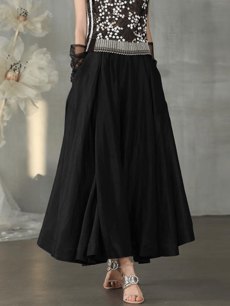  Vintage Solid High Elastic Waist Side Pocket Big Swing Pleated Skirts - Skirts - DYAVOR® 