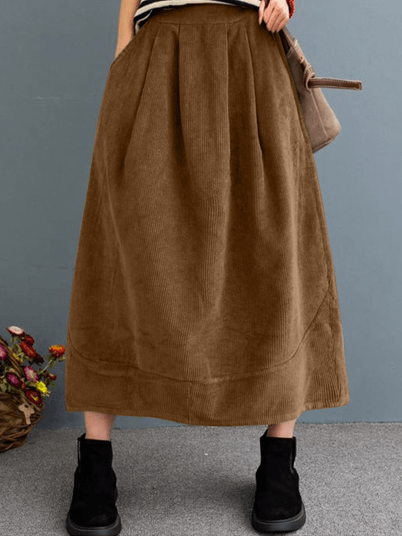 Women Corduroy Solid Elastic Waist Leisure Skirt with Side Pockets