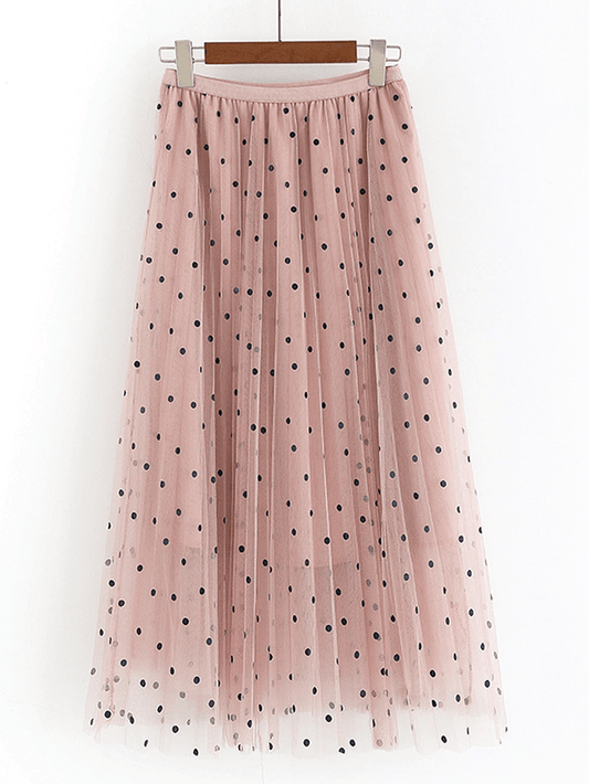 Women Polka Dot Print Gauze Elastic Waist Midi Mesh Pleated Skirt