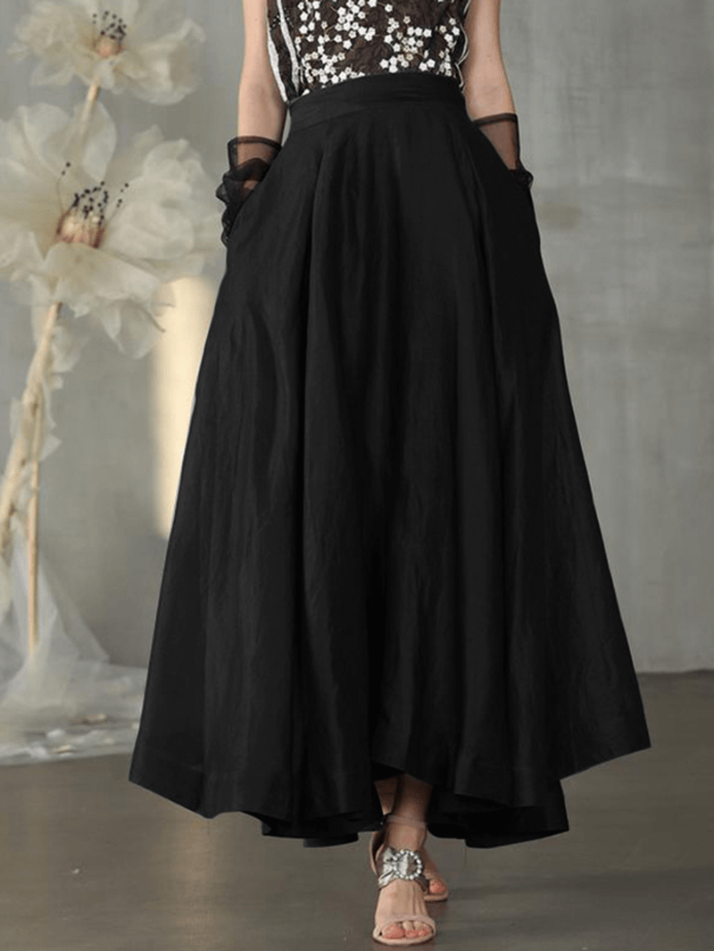  Vintage Solid High Elastic Waist Side Pocket Big Swing Pleated Skirts - Skirts - DYAVOR® 