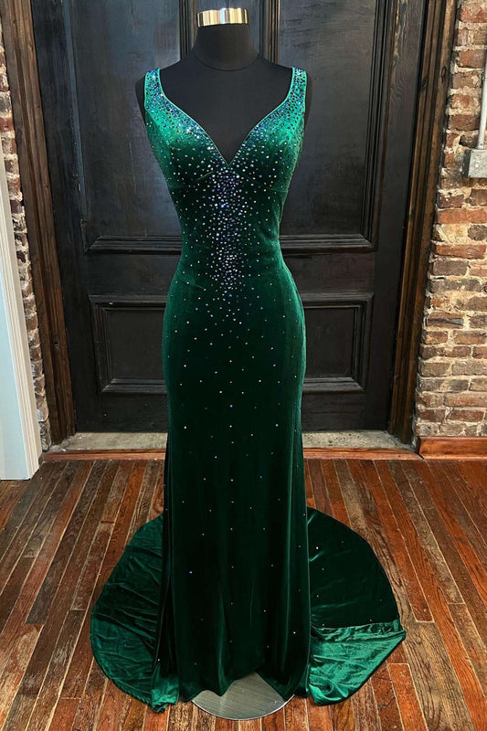  Emerald Velvet V-Neck Cutout Back Mermaid Long Formal Dress - Prom Dress - DYAVOR® 