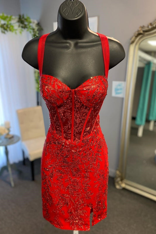  Myra | Red Sequin Lace Sweetheart Sheath Short Dress - formal dress - DYAVOR® 