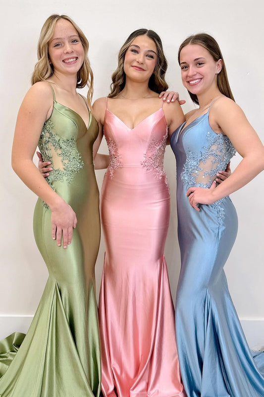  Sage Green Spaghetti Strap Backless Trumpet Long Gown - Prom Dress - DYAVOR® 