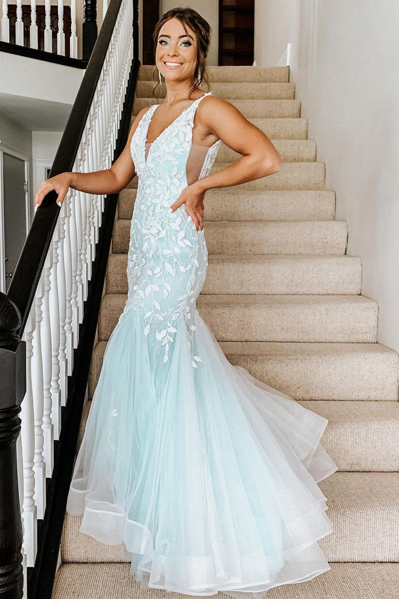  Trumpet V-Neck Mint Green Appliqued Porm Dress - Prom Dresses - DYAVOR® 