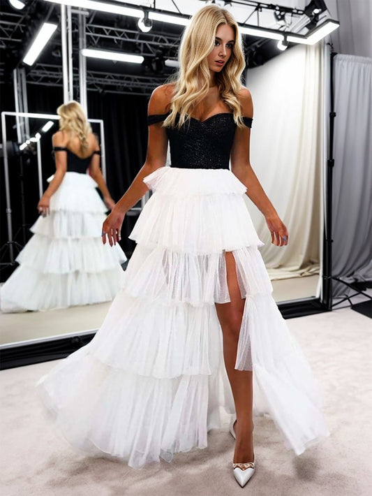  Black And White A-Line Strapless Tiered Long Prom Dress - Prom Dress - DYAVOR® 