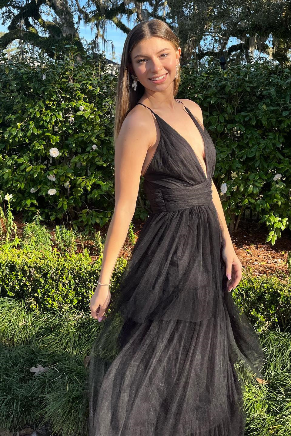  Adalyn | Black A-line Deep V Neck Cross Back Tulle Multi-Layers Long Prom Dress - Prom Dress - DYAVOR® 