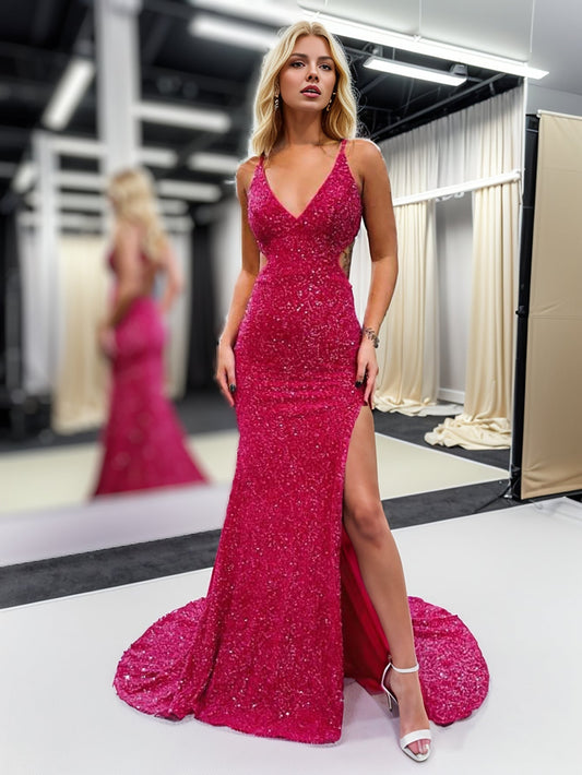 Glitter Red Mermaid V Neck Cut Out Prom Dress with Slit - Prom Dress - DYAVOR® 