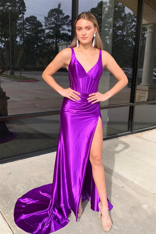  Lara | Grape Mermaid Satin V Neck Long Prom Dress with Slit - Prom Dress - DYAVOR® 