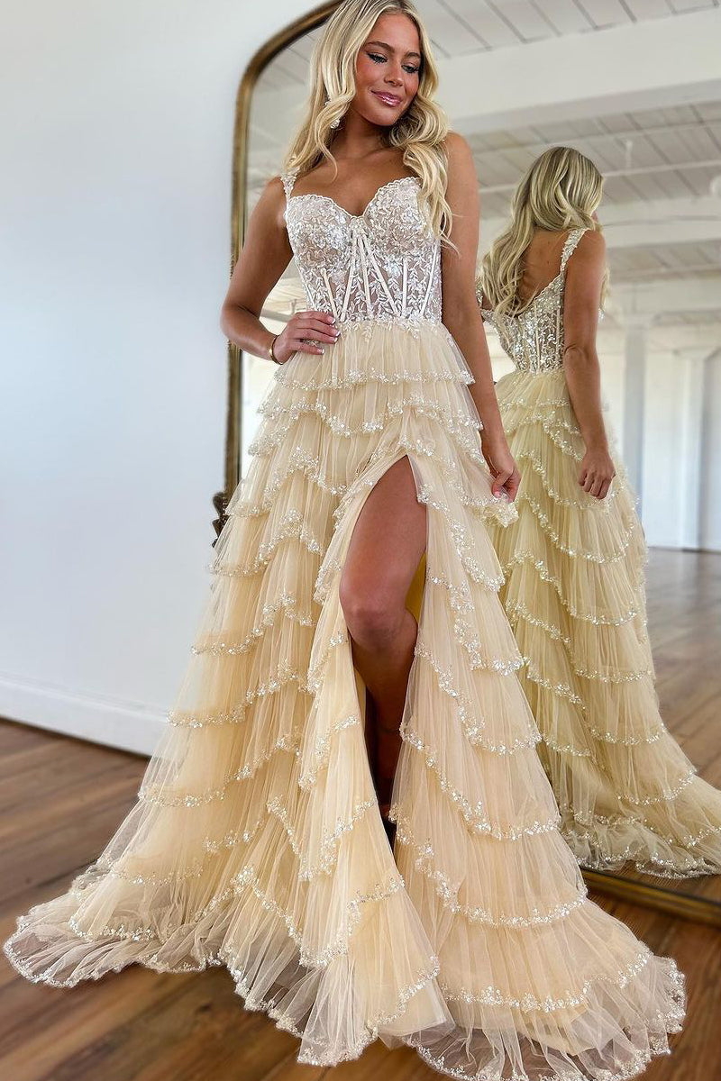  Scout | A-Line Sweetheart Champagne Tulle Prom Dresses with Appliques - Prom Dress - DYAVOR® 