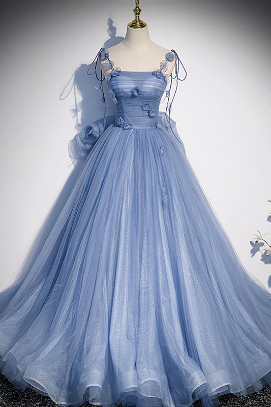  Karla | Blue Tulle Long A-Line Prom Dress Blue Spaghetti Straps Party Dress with Bow - Prom Dress - DYAVOR® 