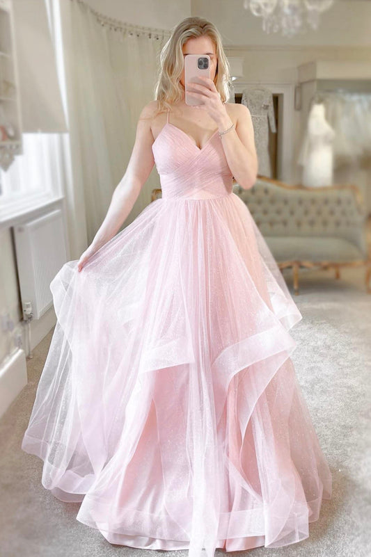  Erin | Pink Tulle Long A-Line Prom Dress Pink V-Neck Graduation Dress - Prom Dress - DYAVOR® 