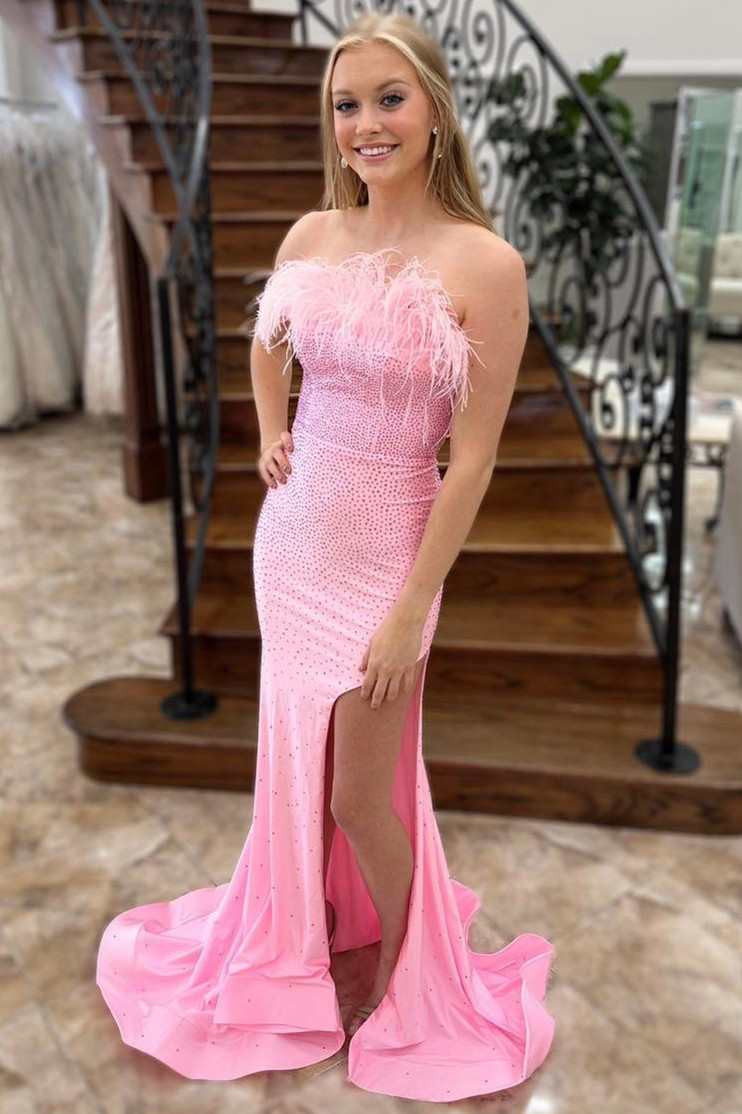  Pink Beaded Feather Strapless Lace-Up Mermaid Long Prom Dress - Prom Dress - DYAVOR® 