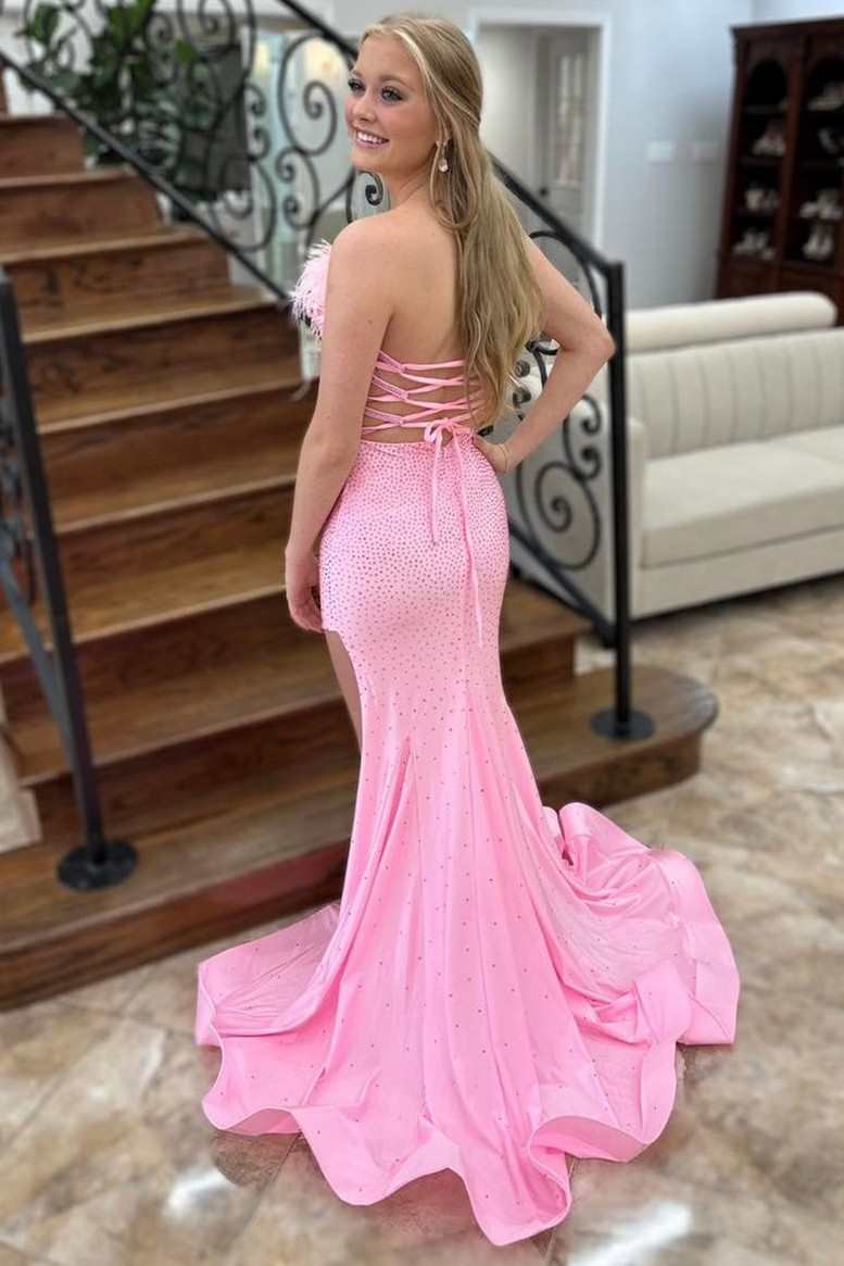  Pink Beaded Feather Strapless Lace-Up Mermaid Long Prom Dress - Prom Dress - DYAVOR® 