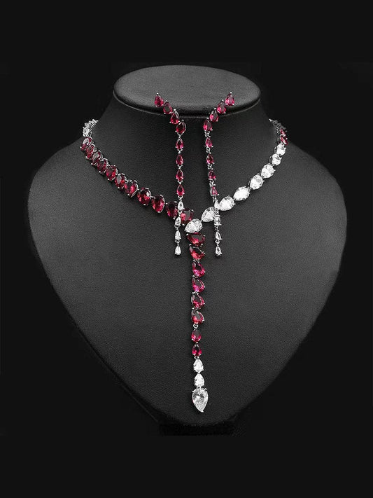  Two Tone Luxury Zircon Long Y-Necklace Earring Set MSN110816 - Apparel & Accessories - DYAVOR® 