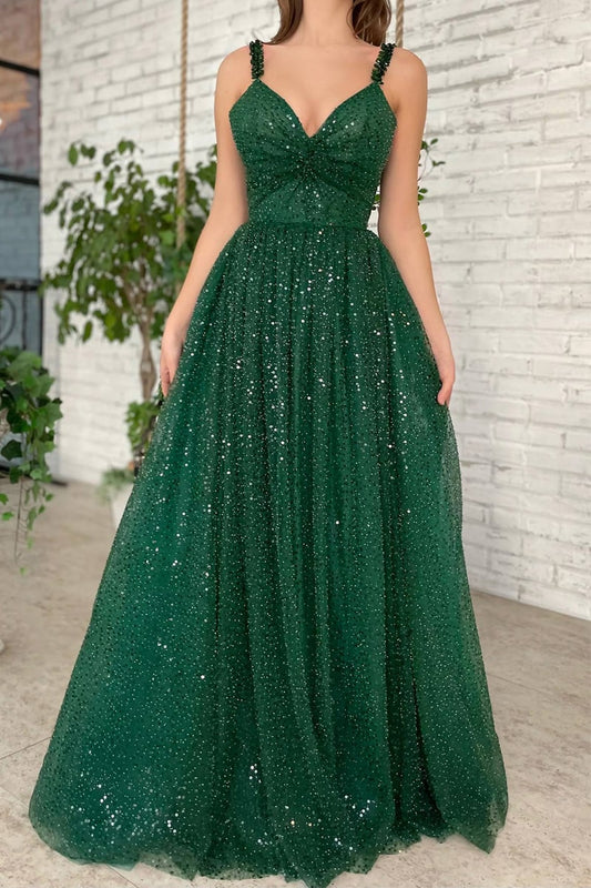  Freyja | A-line V Neck Long/Floor-Length Tulle Sparkling Prom Dress With Beading Sequins Glitter - Prom Dress - DYAVOR® 