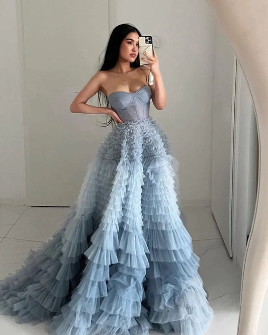  Kaia |A Line Sweetheart Tiered Ruffled Tulle Long Prom Dress - Prom Dress - DYAVOR® 