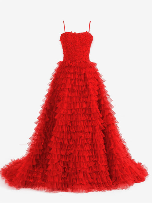  Jordan | Red A-Line Tiered Sequins Tulle Long Prom Dress - Prom Dress - DYAVOR® 