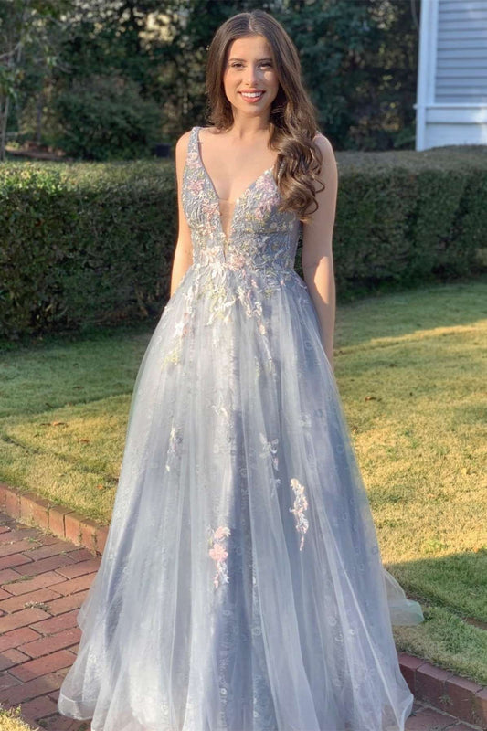  Light Gray Tulle Appliques V-Neck A-Line Long Prom Gown - Prom Dress - DYAVOR® 