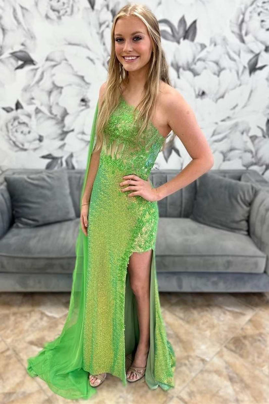  Green Sequin Lace One-Shoulder Long Formal Dress with Attached Train - Prom Dress - DYAVOR® 