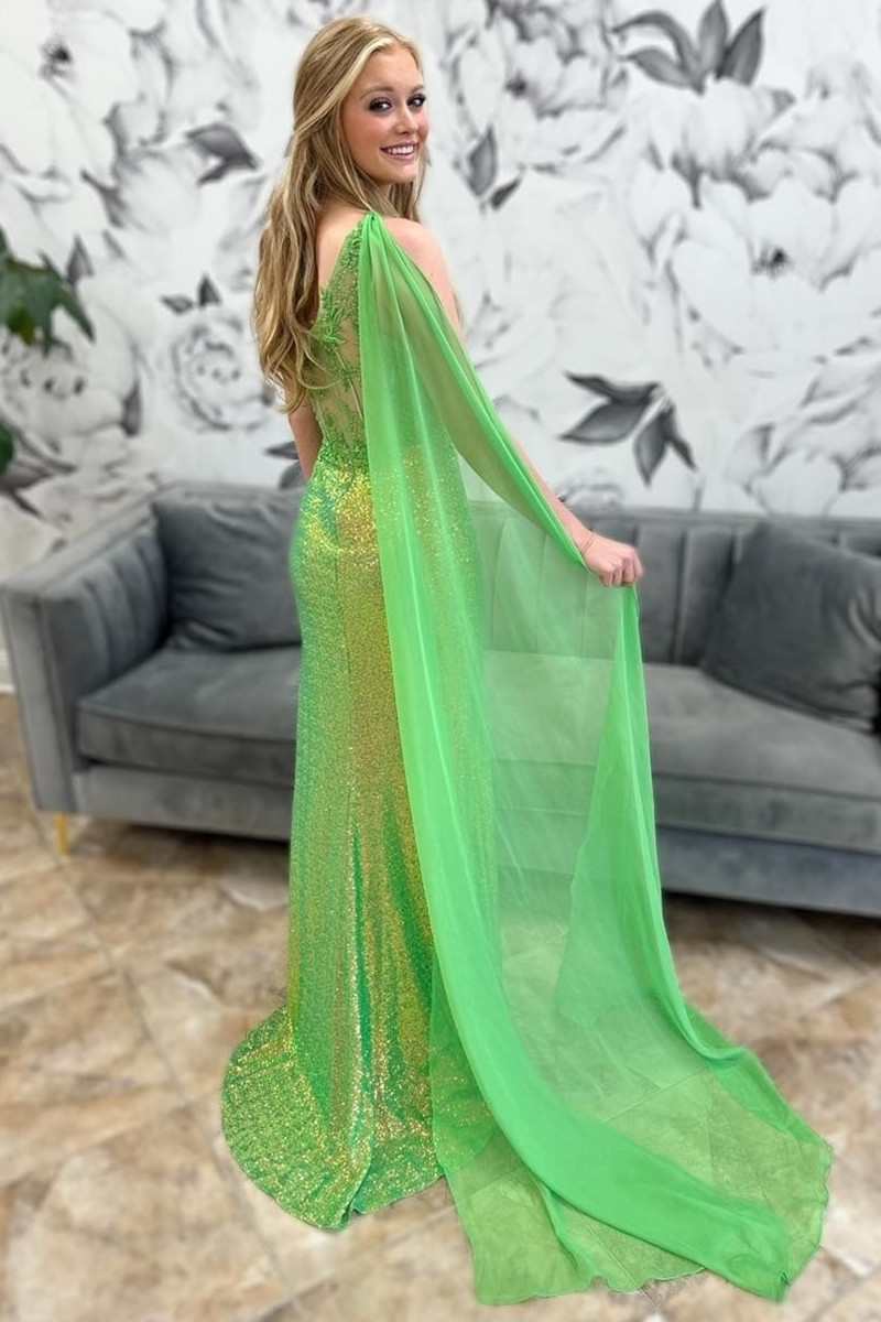  Green Sequin Lace One-Shoulder Long Formal Dress with Attached Train - Prom Dress - DYAVOR® 