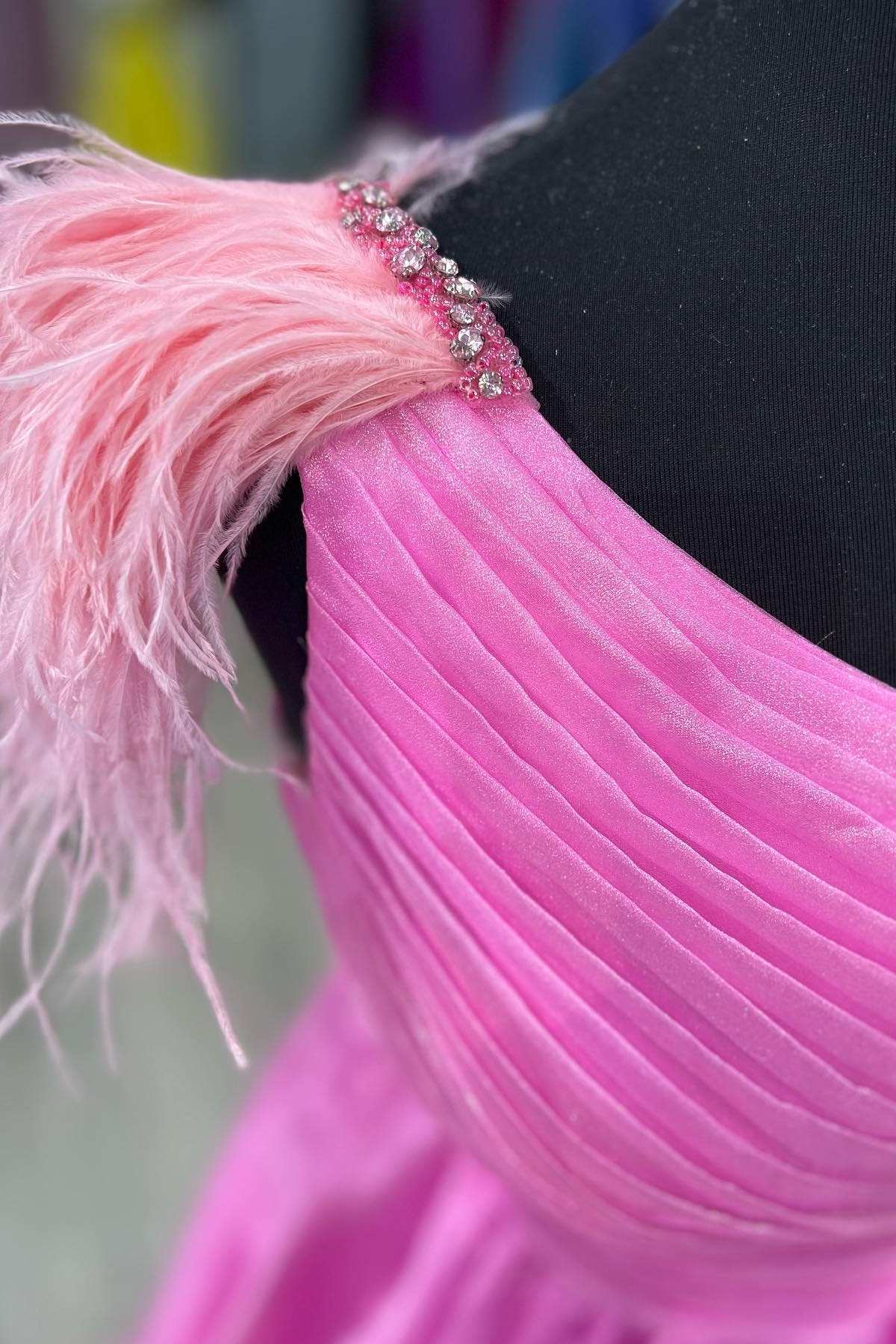  Pink Feather One-Shoulder Ruching A-Line Long Prom Dress - Prom Dress - DYAVOR® 