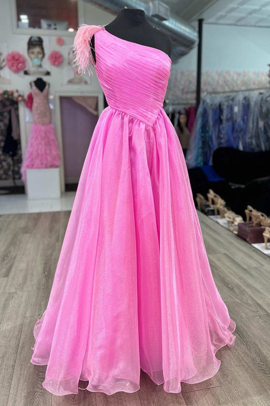  Pink Feather One-Shoulder Ruching A-Line Long Prom Dress - Prom Dress - DYAVOR® 