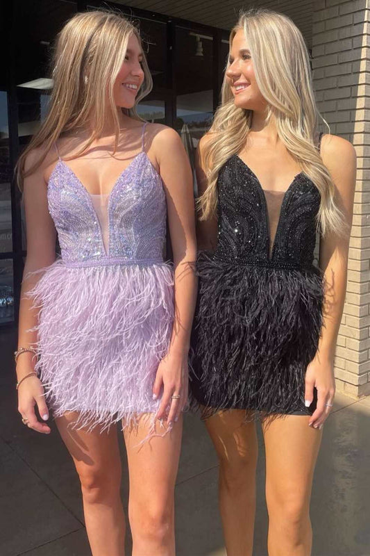  Rhea | Lavender Lace Feather Short Homecoming Dress - Prom Dress - DYAVOR® 